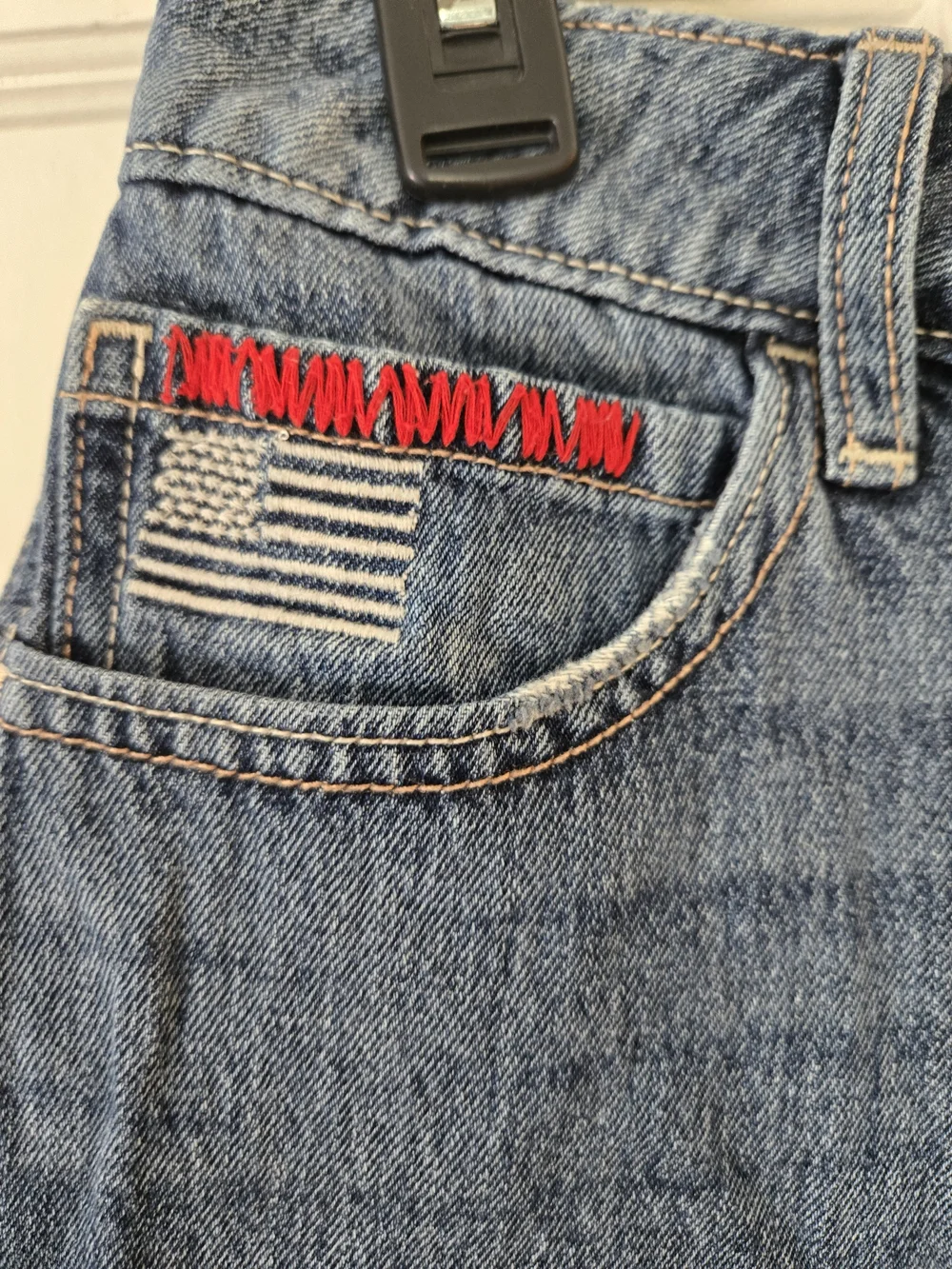 Hollister Blue Denim Cutoff Jorts with Red Accent - Picture 4 of 6